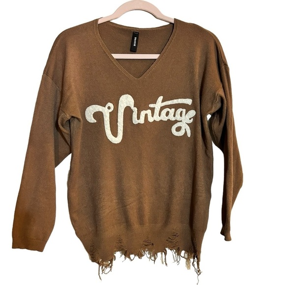 Venti6 Long Sleeve VNeck Sweater Distressed Hem Vintage Logo Brown Grunge Medium - Picture 1 of 10